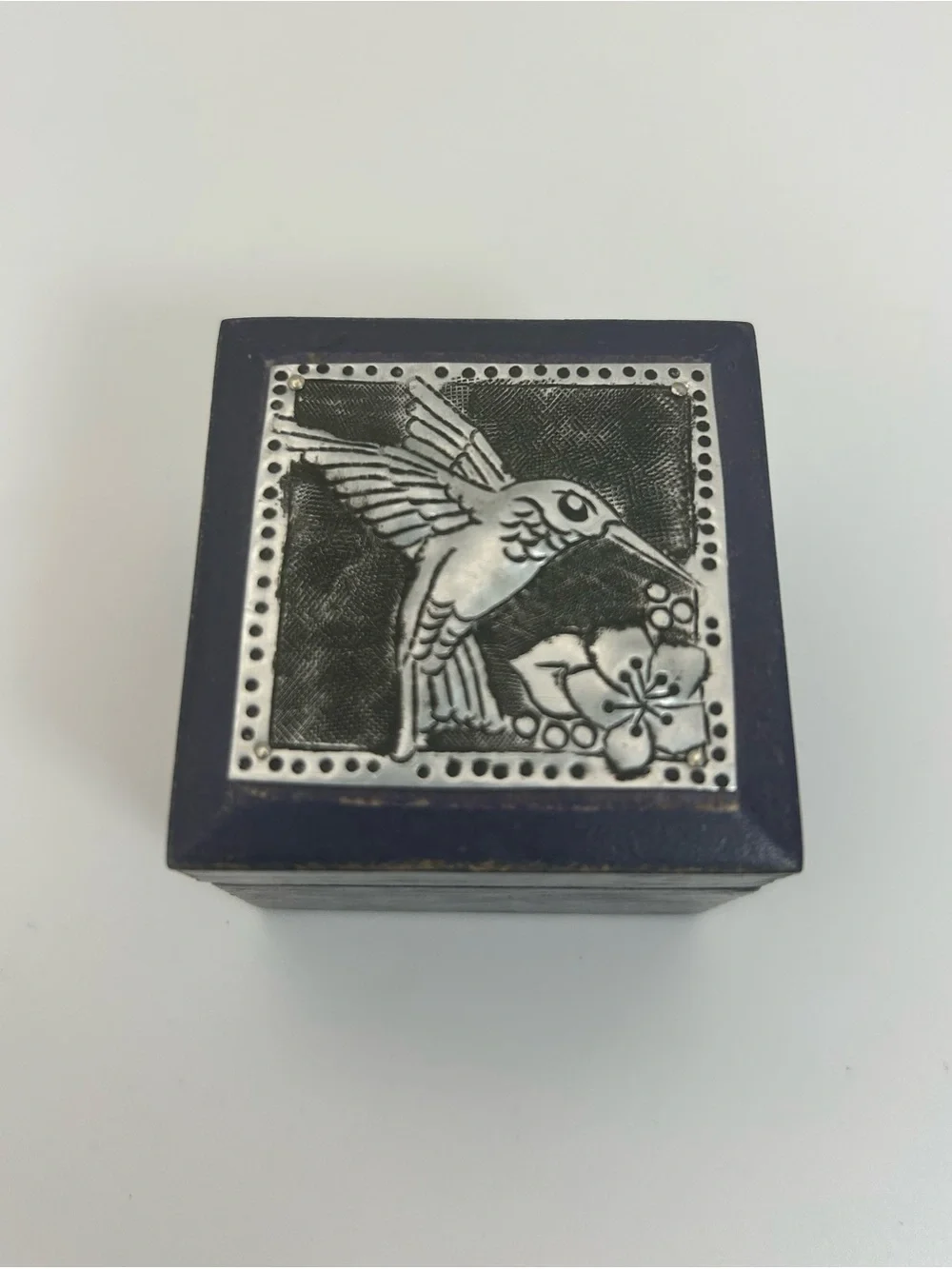 Navy Blue Hummingbird Trinket Box Wooden Small 2
